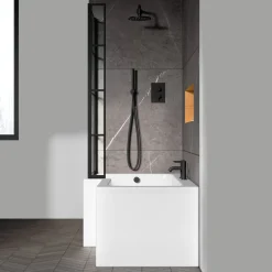 Drench L Shaped Shower Bath with Black Grid Shower Screen & Panel - 1700mm