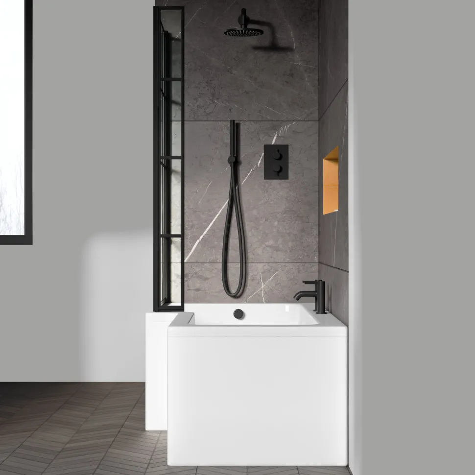Drench L Shaped Shower Bath with Black Grid Shower Screen & Panel - 1700mm