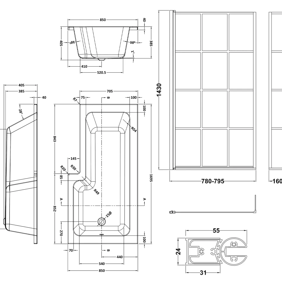 Drench L Shaped Shower Bath with Black Grid Shower Screen & Panel - 1700mm