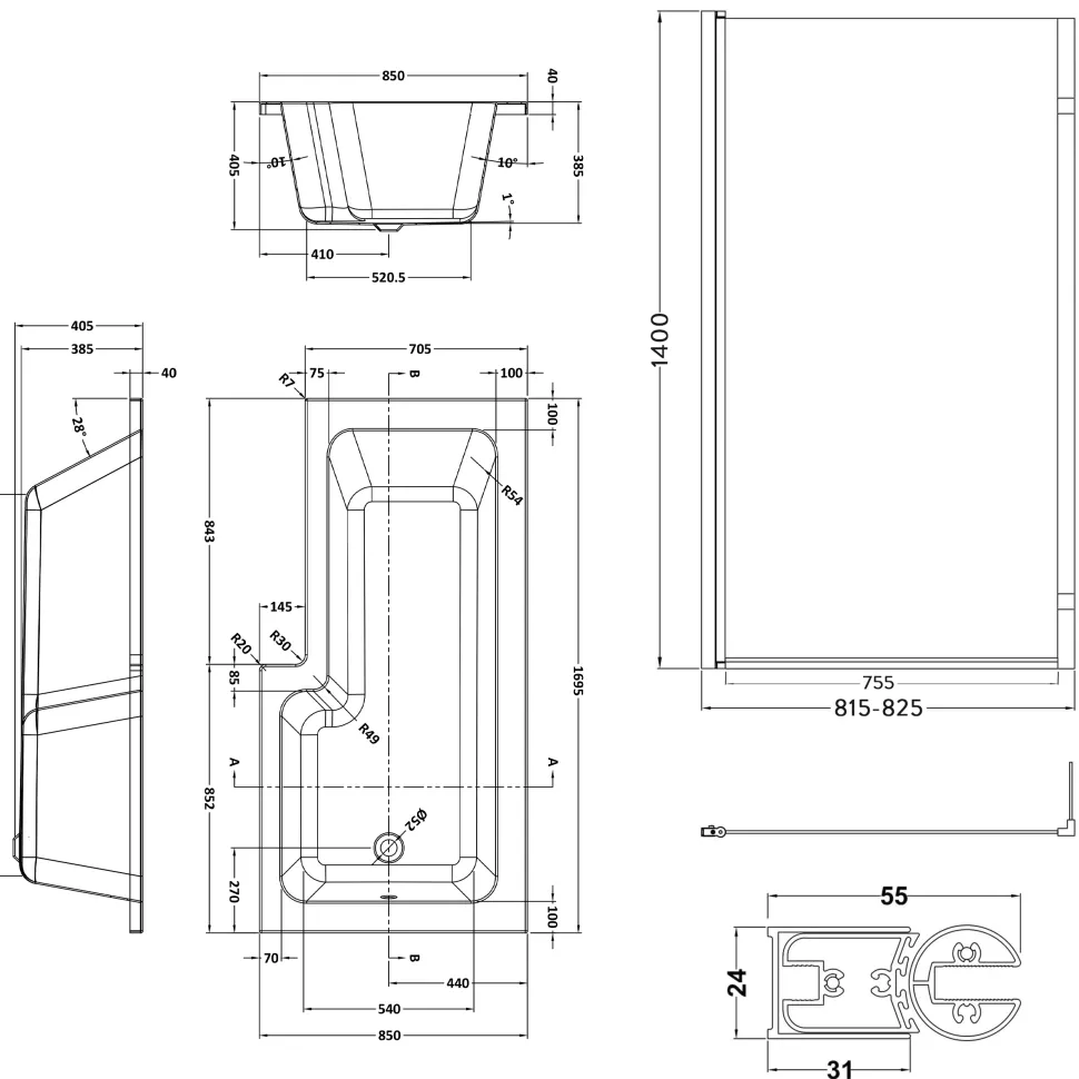Drench L Shaped Shower Bath with Panel and Shower Screen - 1700mm