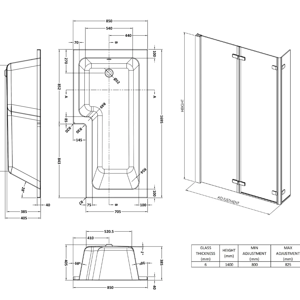 Drench L Shaped Shower Bath with Panel and Shower Screen - 1700mm