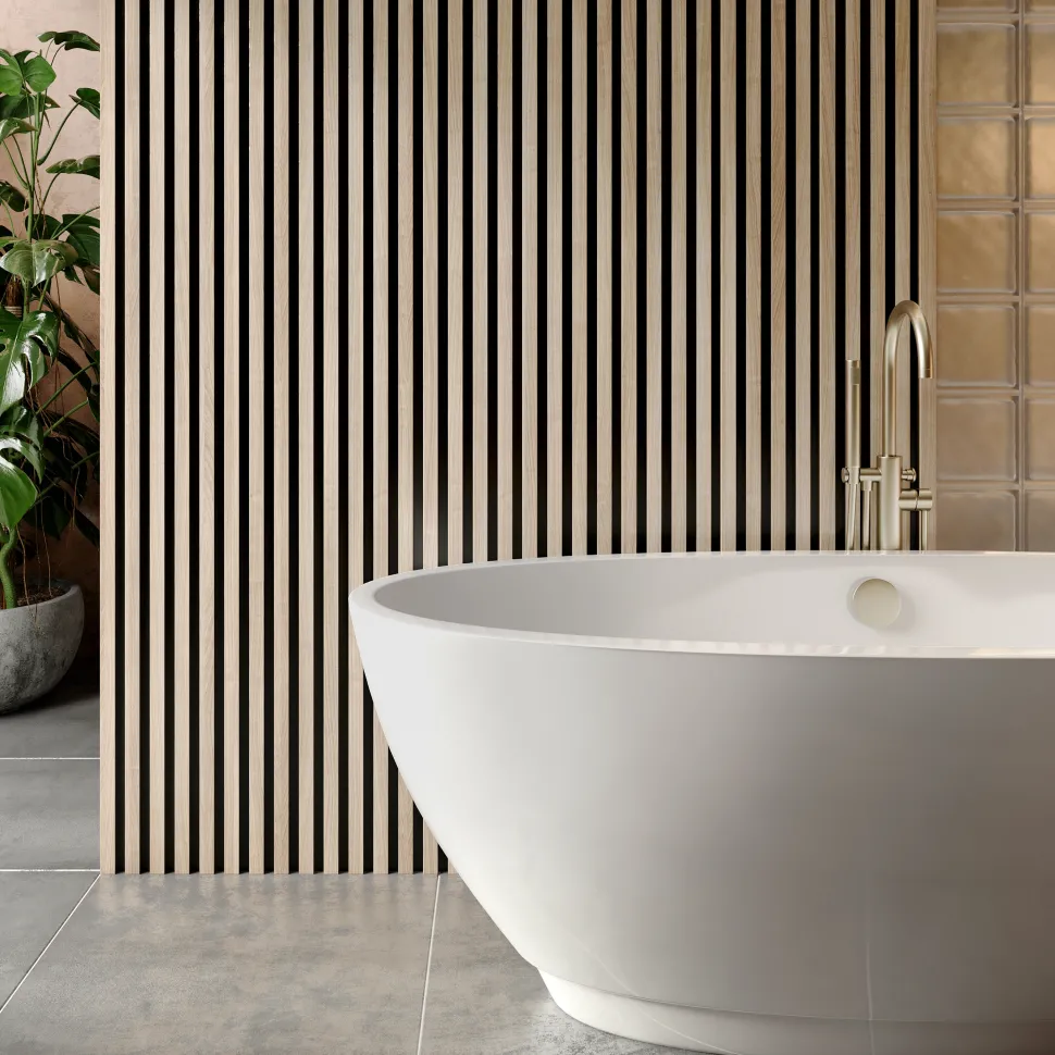 Drench Naturals Oak & Black Slatted Wood Waterproof Bathroom Wall Panel - 3 pack