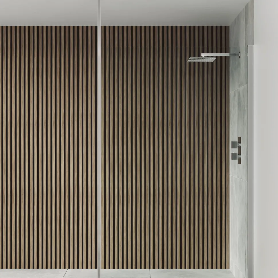 Drench Naturals Walnut & Black Slatted Wood Waterproof Bathroom Wall Panel - 3 pack
