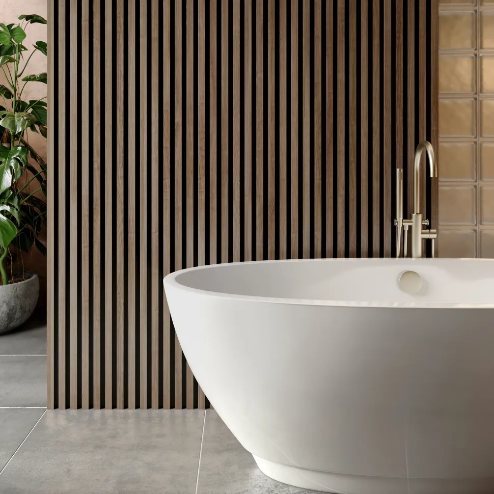 Drench Naturals Walnut & Black Slatted Wood Waterproof Bathroom Wall Panel - 3 pack
