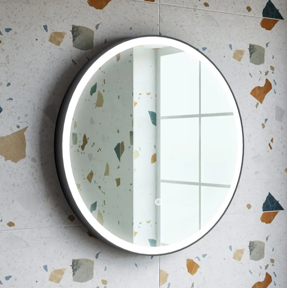 Drench Noir LED Illuminated Round Black Framed Mirror with Demister Pad & Colour Change LEDs - 600mm