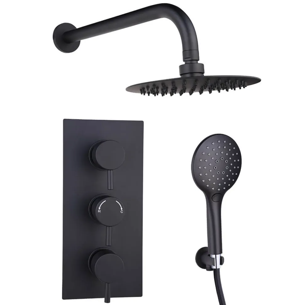 Drench Noir Matt Black Round Concealed Shower System with Fixed Head & Wall Mounted Shower Handset