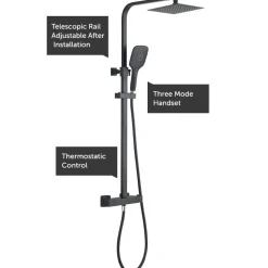 Drench Noir Matt Black Square Exposed Height-Adjustable Rigid Riser Rail Shower System