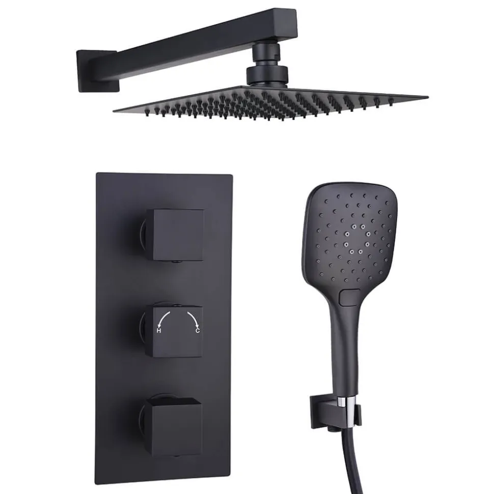 Drench Noir Matt Black Square Concealed Shower System with Fixed Head & Wall Mounted Shower Handset