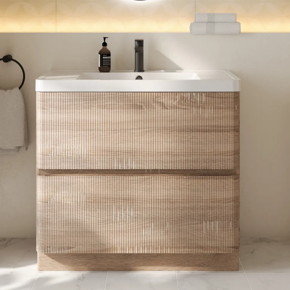 Drench Origin 900mm Light Oak Fluted Floorstanding Vanity Unit & Basin