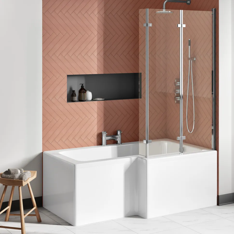 Drench Polished Chrome Double Hinged L-Shaped Bath Screen - 1400 x 800mm