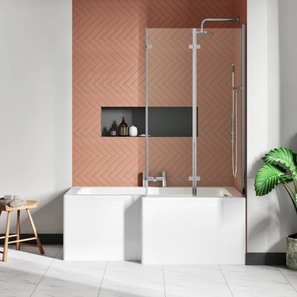 Drench Polished Chrome Double Hinged L-Shaped Bath Screen - 1400 x 800mm