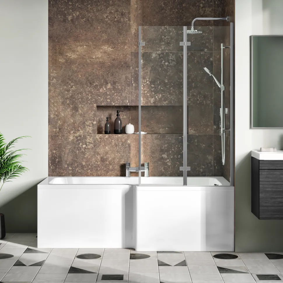 Drench Polished Chrome Double Hinged L-Shaped Bath Screen - 1400 x 800mm
