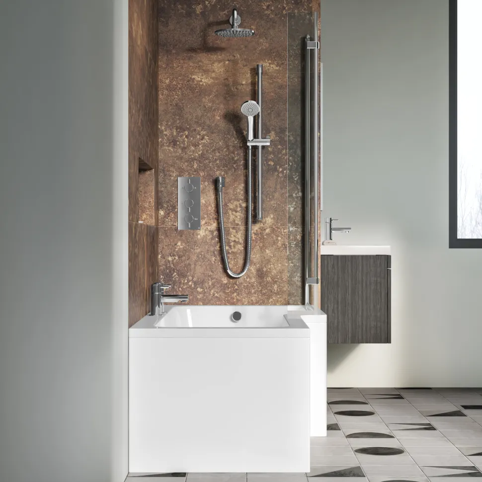 Drench Polished Chrome Hinged L-Shaped Bath Screen with Fixed Return - 1400 x 815mm