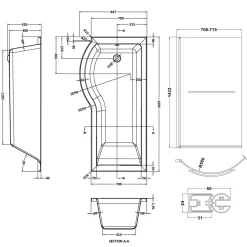 Drench P Shaped Shower Bath with Front Panel and Shower Screen - 1700mm