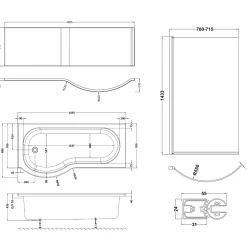 Drench P Shaped Shower Bath with Front Panel and Shower Screen - 1700mm