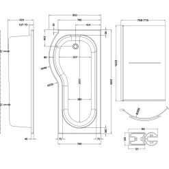Drench P Shaped Shower Bath with Front Panel and Shower Screen - 1700mm