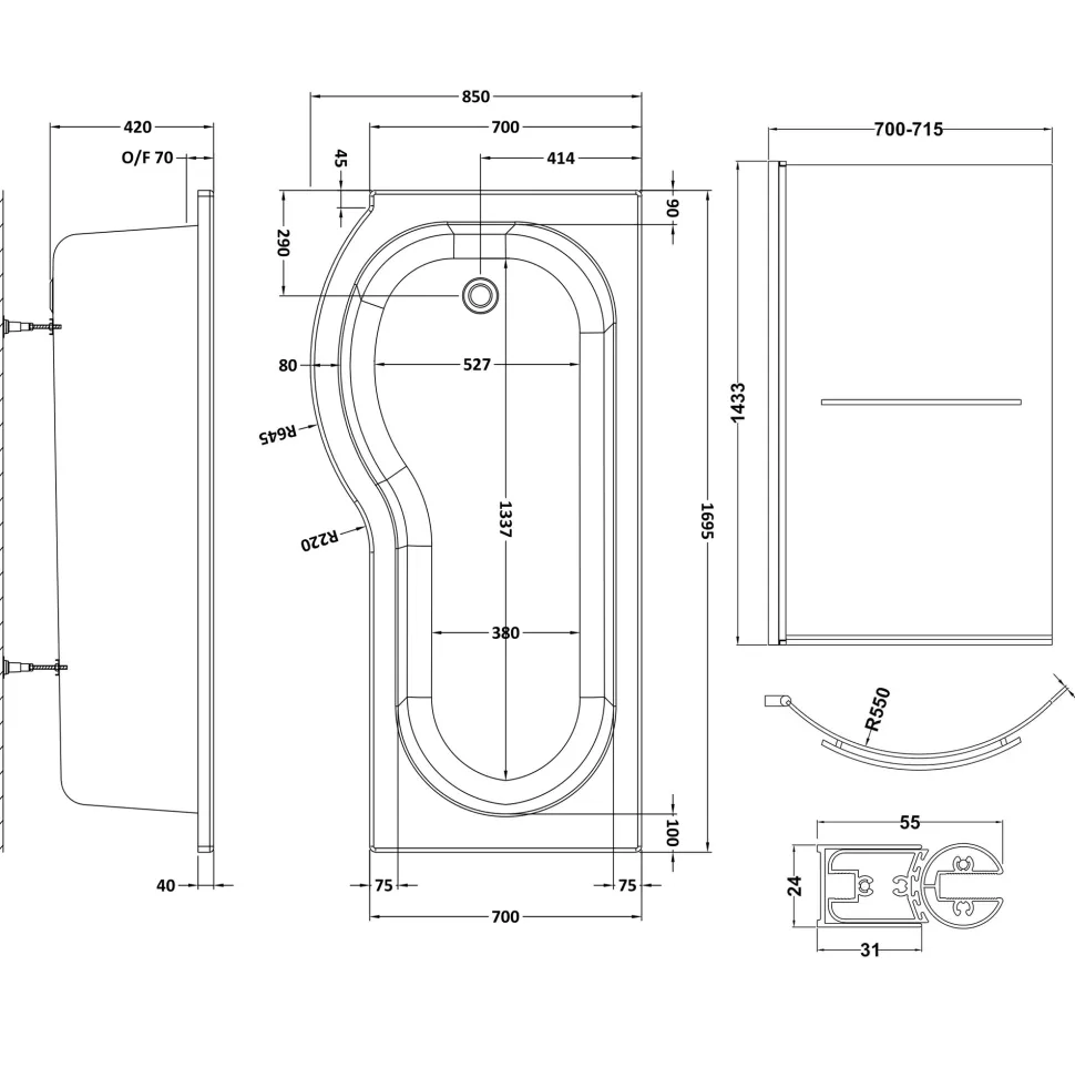 Drench P Shaped Shower Bath with Front Panel and Shower Screen - 1700mm