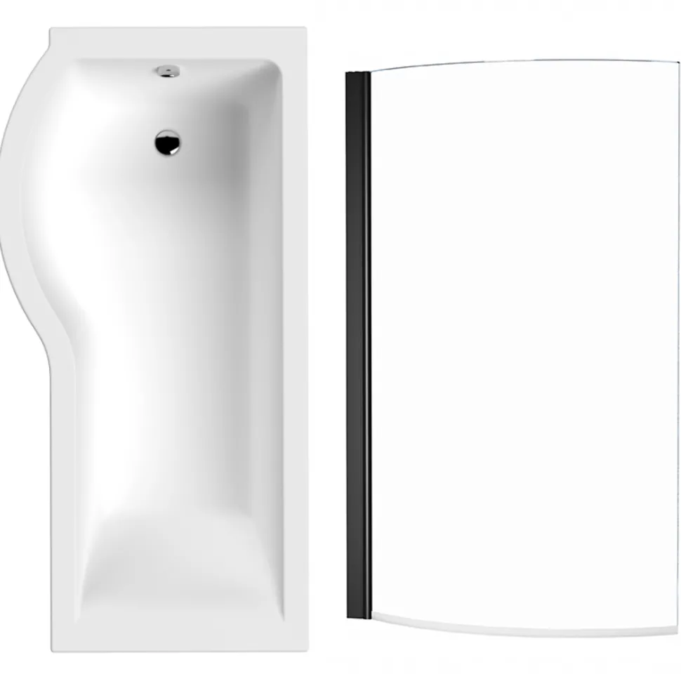 Drench P-Shaped Shower Bath with Matt Black Curved Shower Screen & Panel - 1700mm