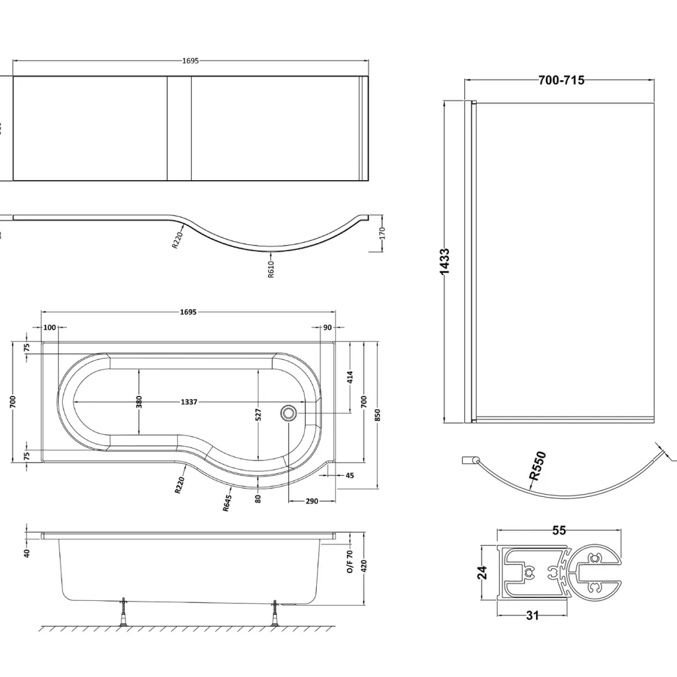 Drench P-Shaped Shower Bath with Matt Black Curved Shower Screen & Panel - 1700mm