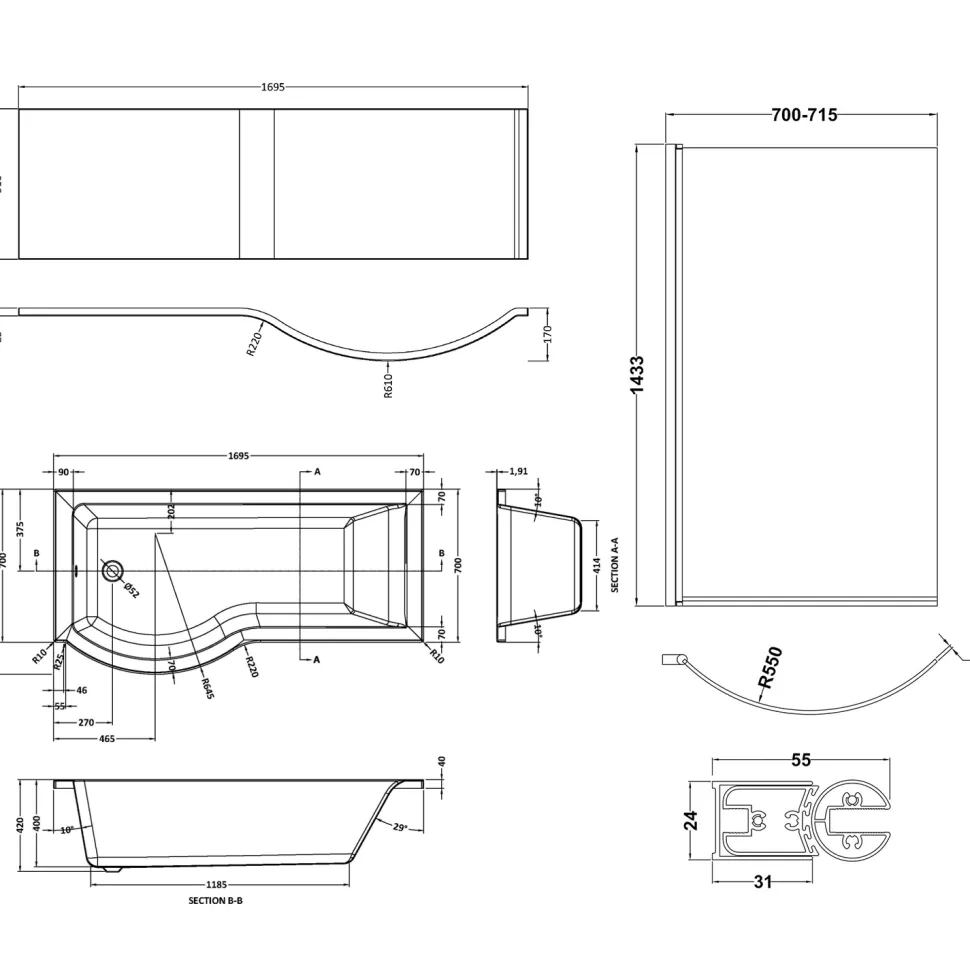Drench P-Shaped Shower Bath with Matt Black Curved Shower Screen & Panel - 1700mm