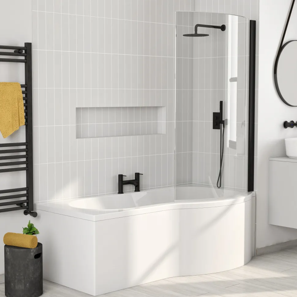Drench P-Shaped Shower Bath with Matt Black Curved Shower Screen & Panel - 1700mm