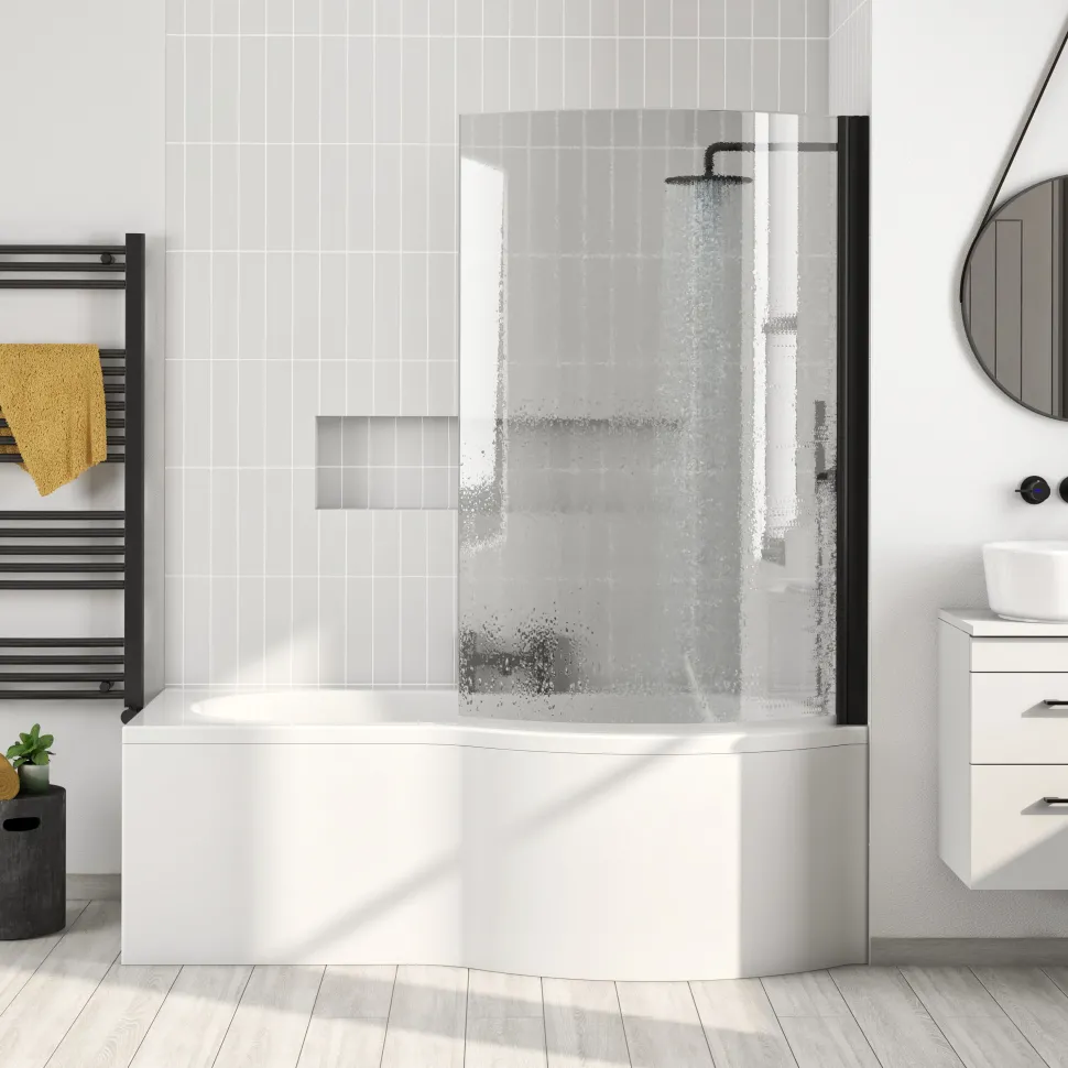 Drench P-Shaped Shower Bath with Matt Black Curved Shower Screen & Panel - 1700mm