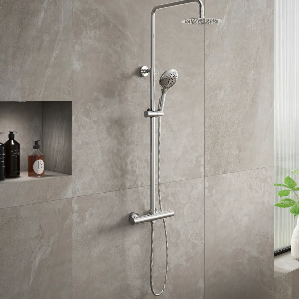 Drench Round Telescopic WRAS-Approved Thermostatic Rigid Riser Shower Set with Slim Head