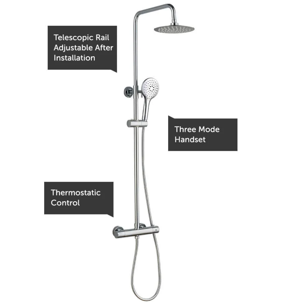 Drench Round Telescopic WRAS-Approved Thermostatic Rigid Riser Shower Set with Slim Head