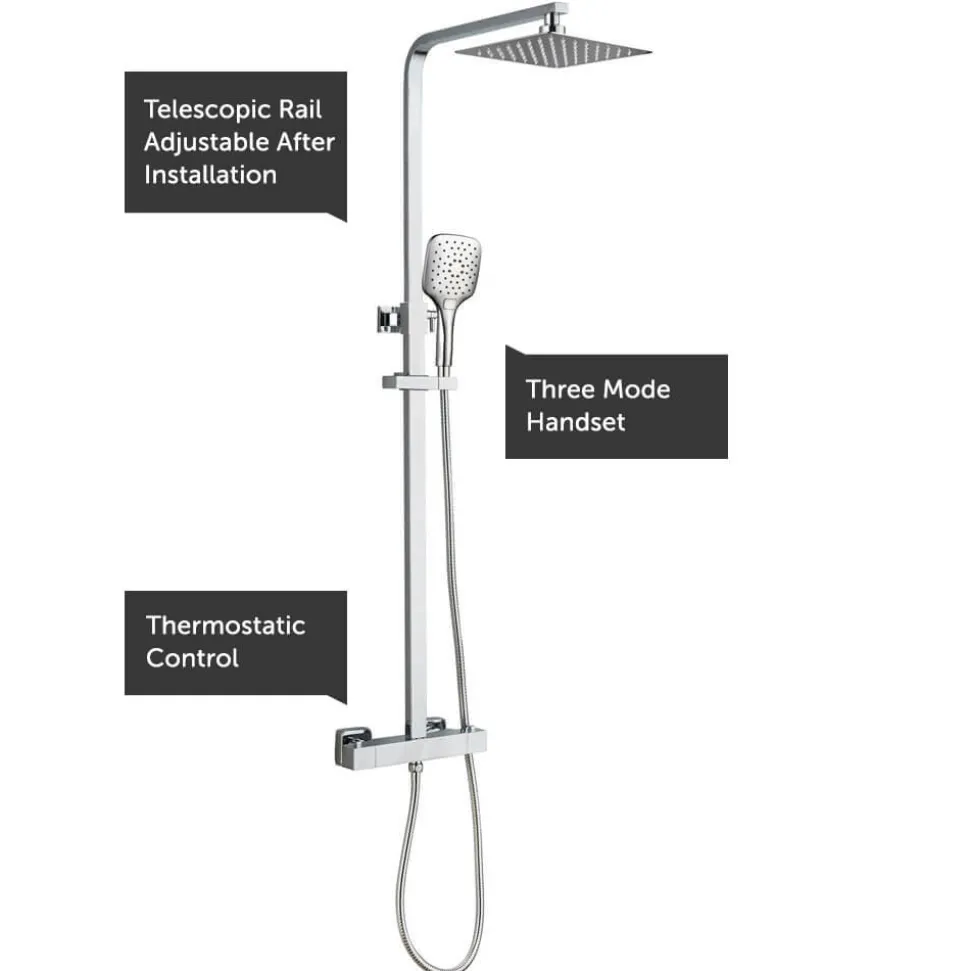 Drench Square Telescopic WRAS-Approved Thermostatic Rigid Riser Shower Set with Slim Head