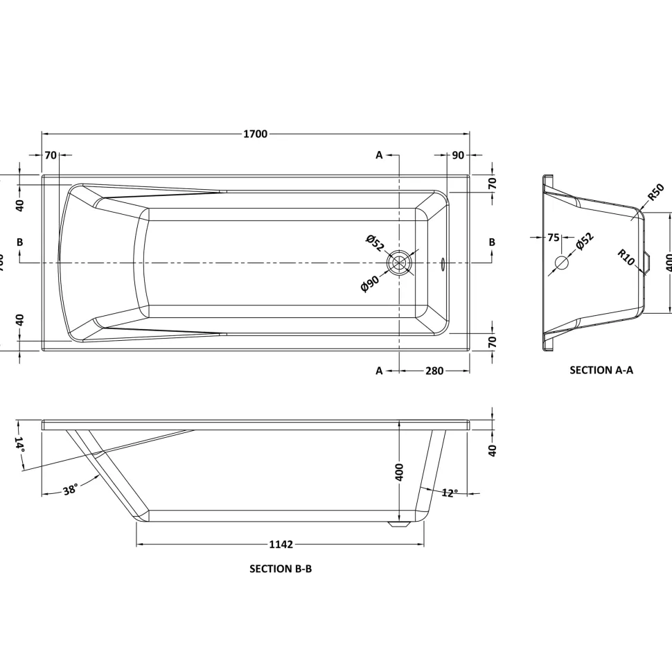 Drench Straight Single Ended Bath - Square