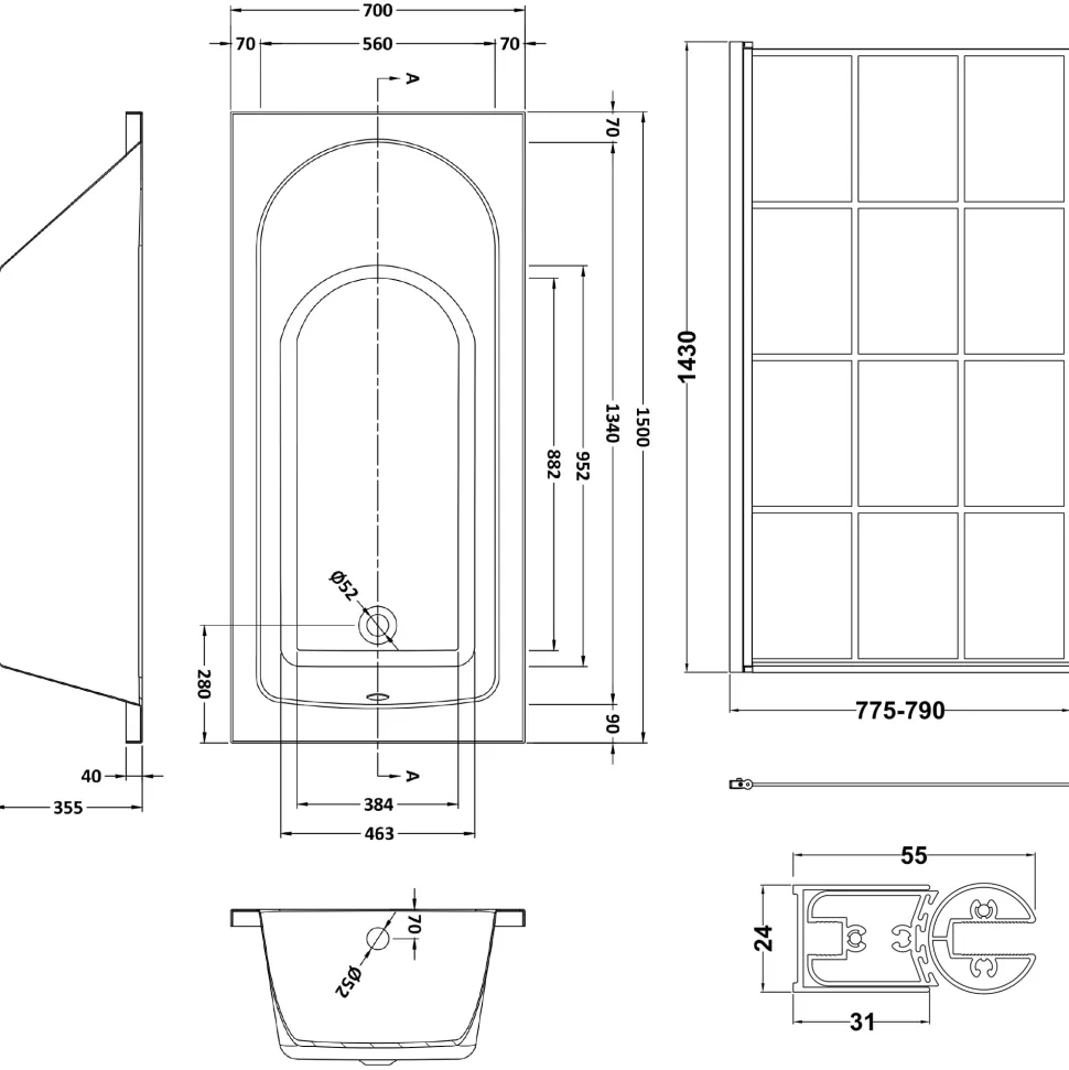 Drench Straight Single Ended Curved Bath & Shower Screen