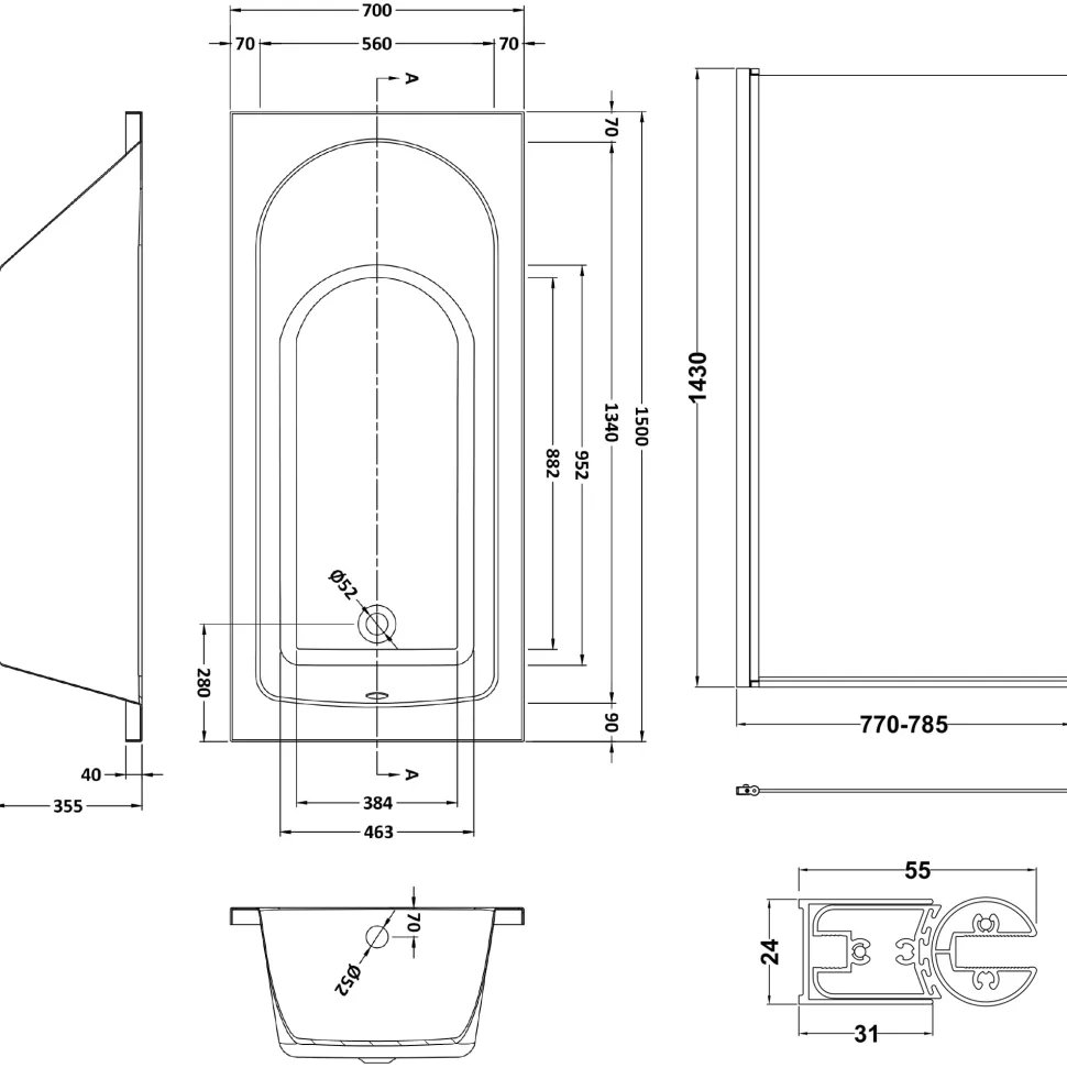 Drench Straight Single Ended Curved Bath & Shower Screen