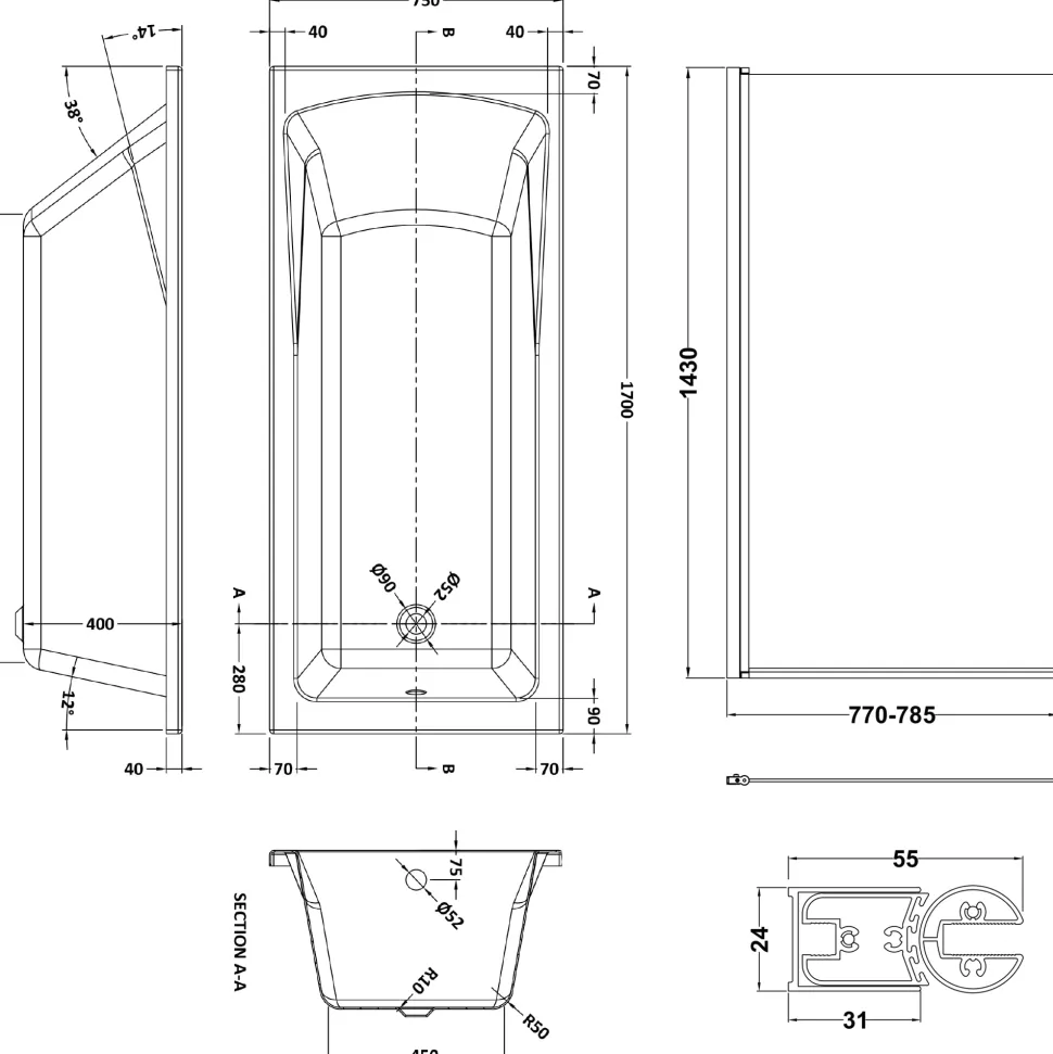 Drench Straight Single Ended Square Bath & Shower Screen