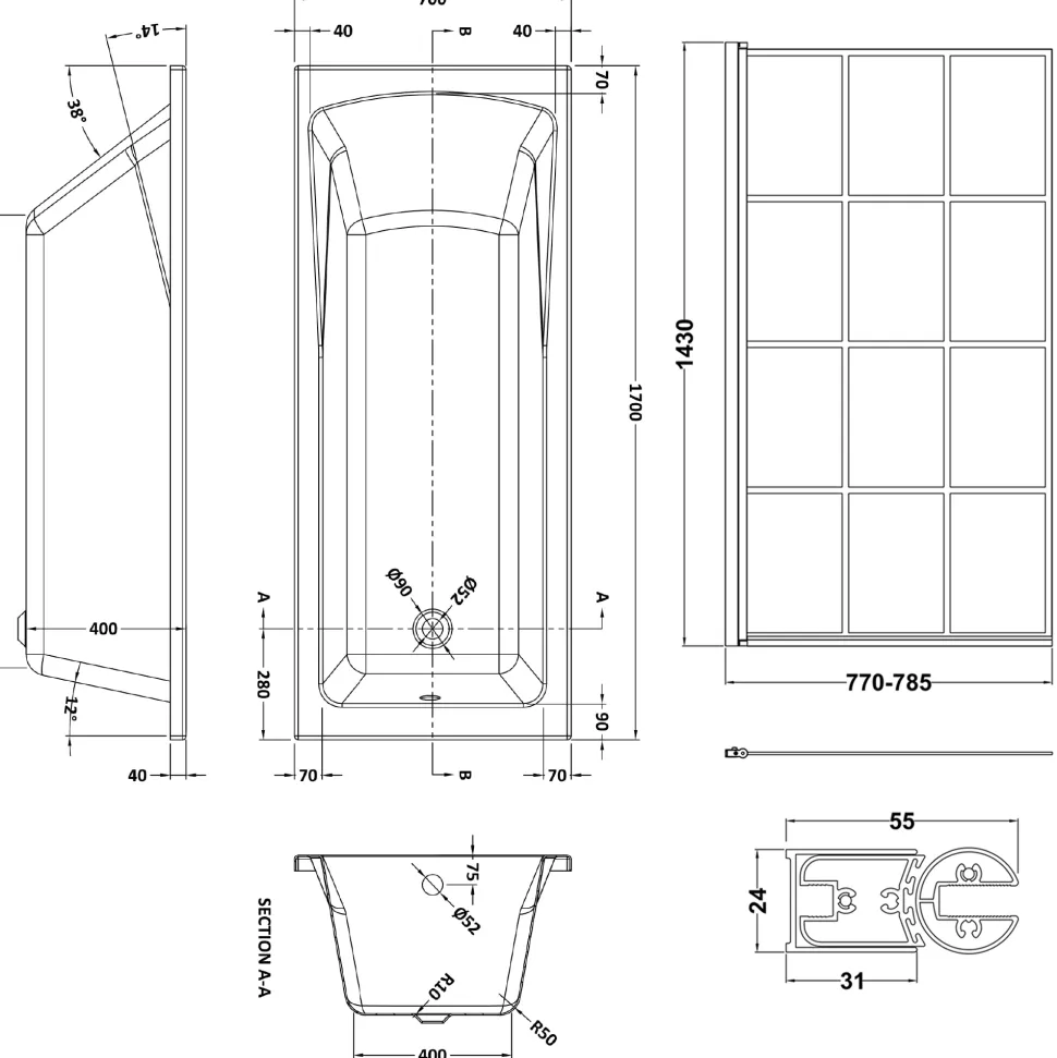 Drench Straight Single Ended Square Bath & Shower Screen