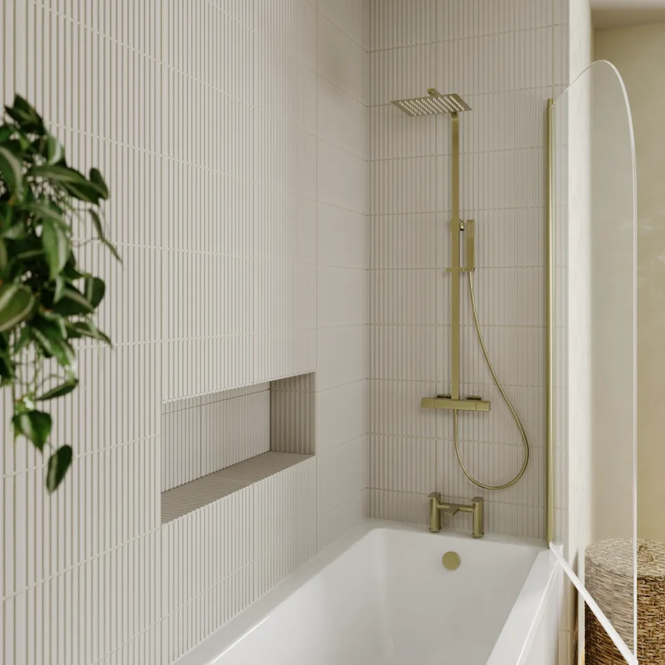 Drench Straight Single Ended Square Bath & Brushed Brass Shower Screen