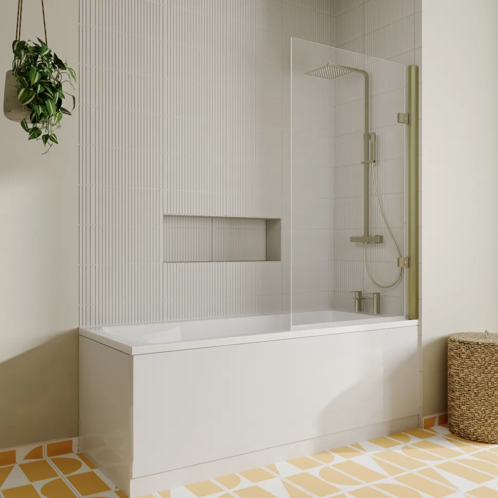 Drench Straight Single Ended Square Bath & Brushed Brass Shower Screen