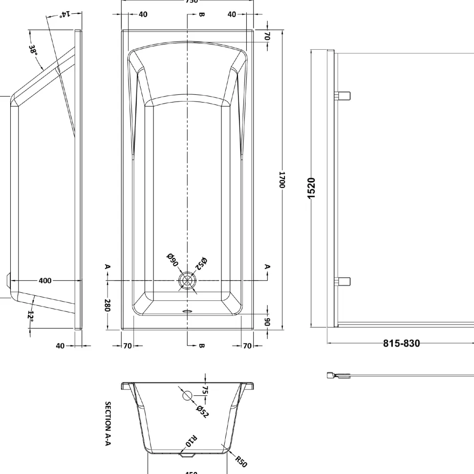 Drench Straight Single Ended Square Bath & Brushed Brass Shower Screen