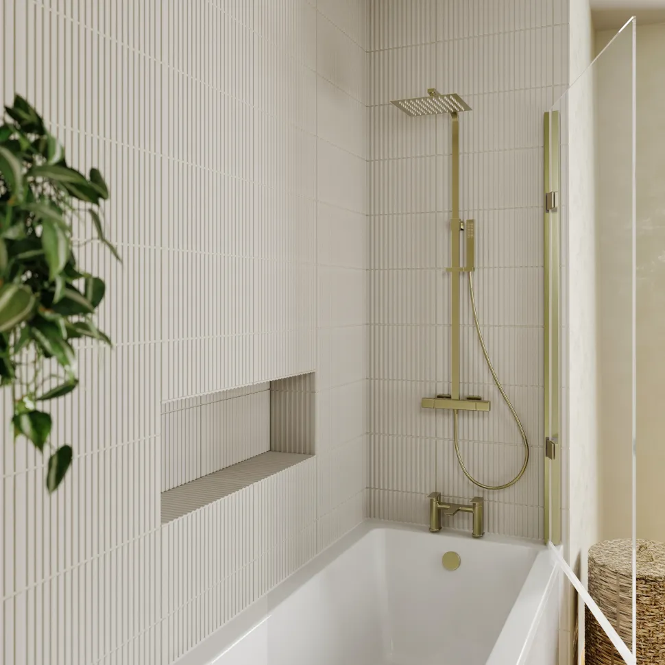 Drench Straight Single Ended Square Bath & Brushed Brass Shower Screen