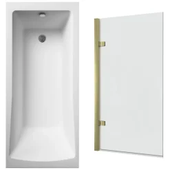 Drench Straight Single Ended Square Bath & Brushed Brass Shower Screen