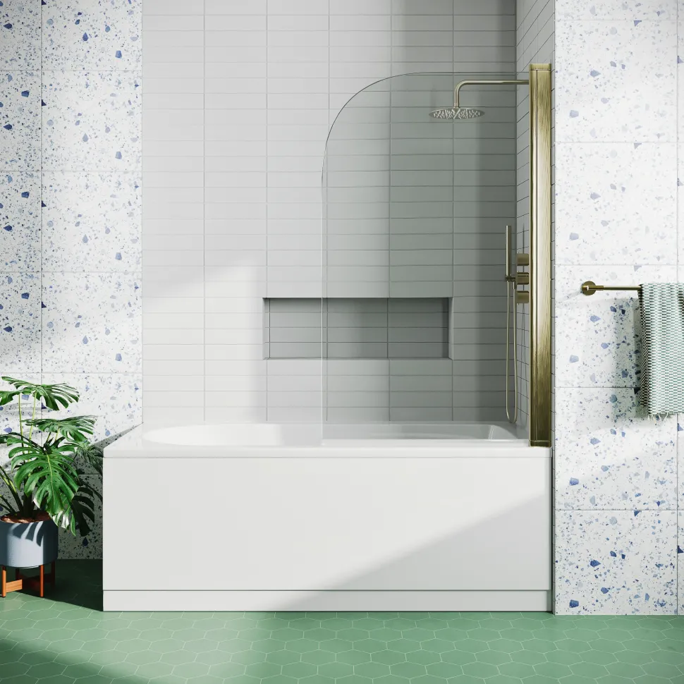 Drench Straight Single Ended Curved Bath & Brushed Brass Shower Screen