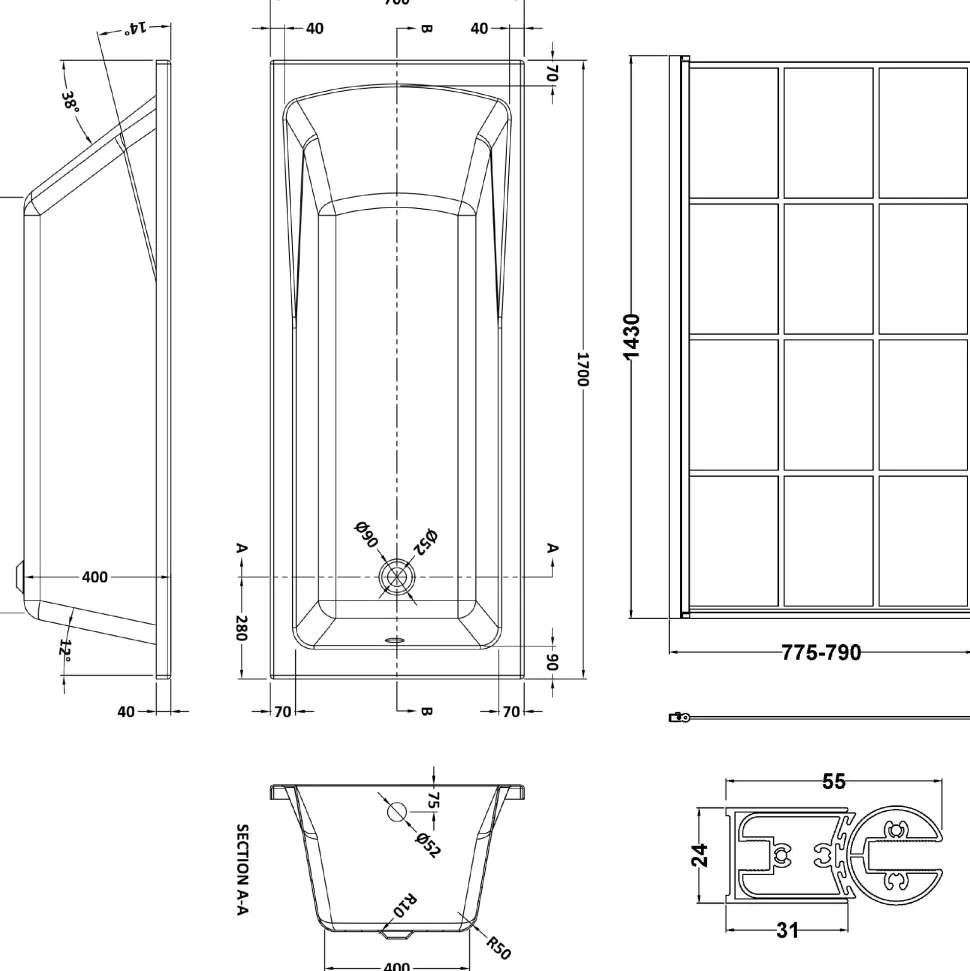 Drench Straight Single Ended Square Bath & Matt Black Shower Screen