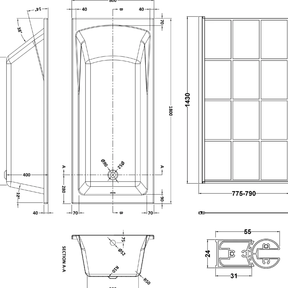 Drench Straight Single Ended Square Bath & Matt Black Shower Screen