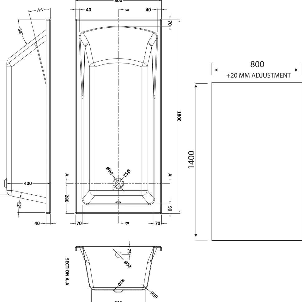 Drench Straight Single Ended Square Bath & Matt Black Shower Screen