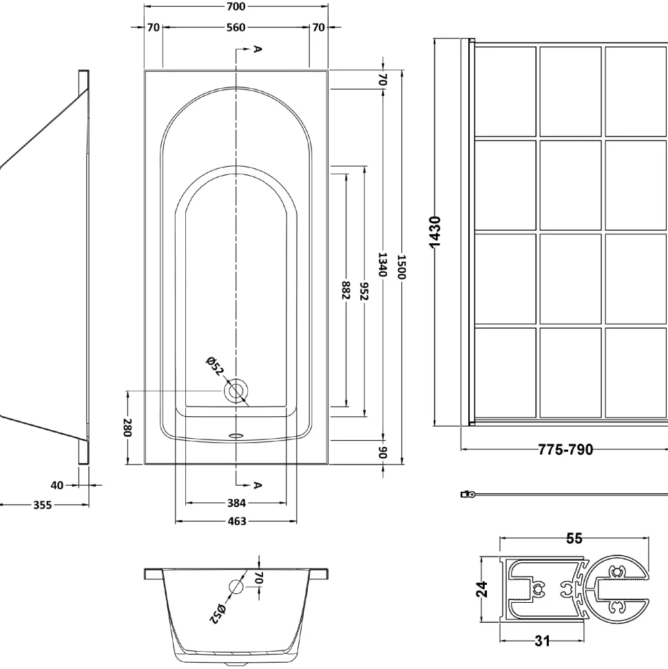 Drench Straight Single Ended Curved Bath & Matt Black Shower Screen