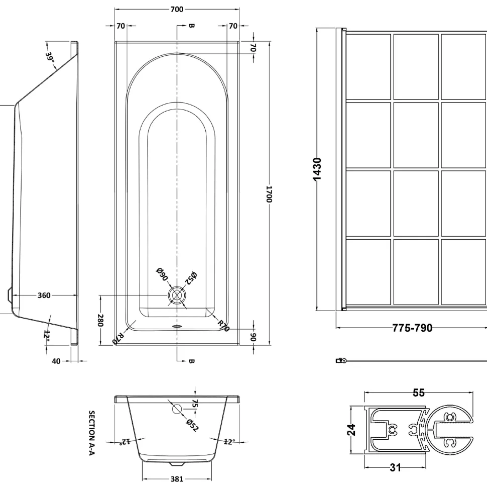 Drench Straight Single Ended Curved Bath & Matt Black Shower Screen