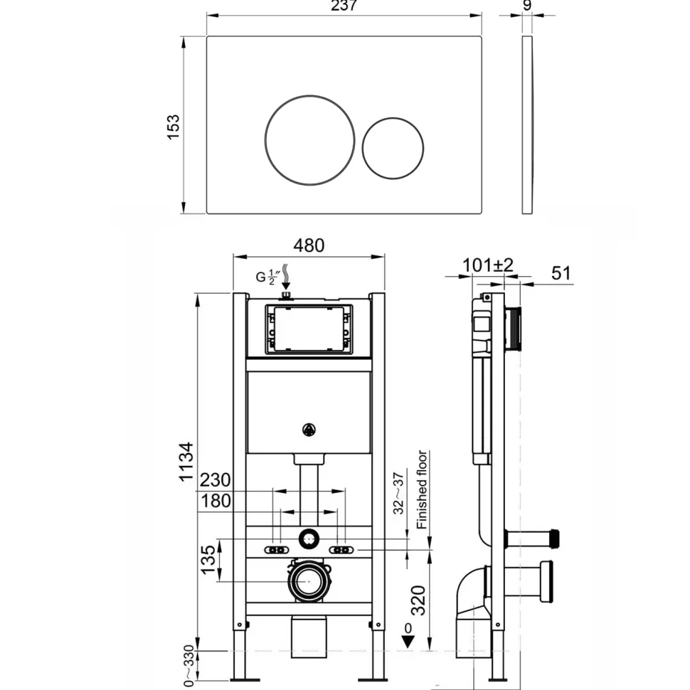 Drench Wall Hung Toilet Frame, Pneumatic Concealed Cistern & Dual Flush Plate with Round Buttons