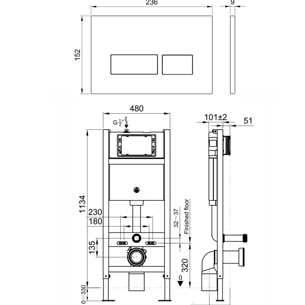 Drench Wall Hung Toilet Frame, Pneumatic Concealed Cistern & Dual Flush Plate with Angular Buttons