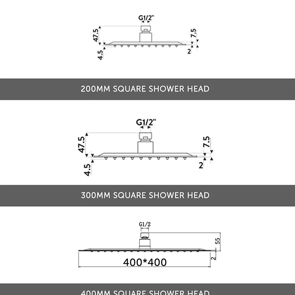 Drew Square Concealed Shower Valve with Fixed Head & Slide Rail Kit