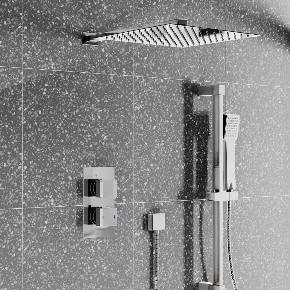 Drew Square Concealed Shower Valve with Fixed Head & Slide Rail Kit