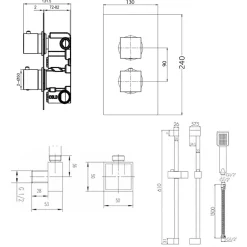 Drew Square Concealed Shower Valve with Fixed Head & Slide Rail Kit